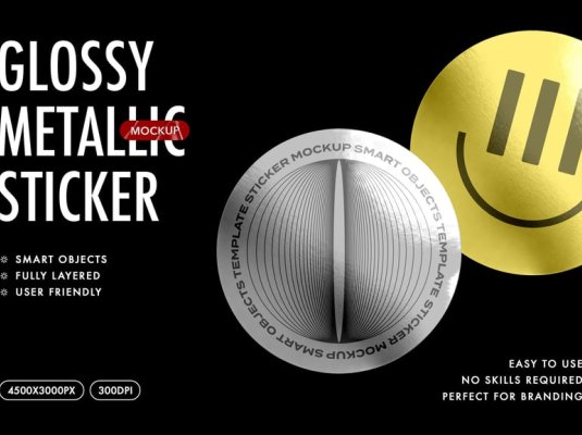 漂亮的圆形亮面金属贴纸PSD样机素材包