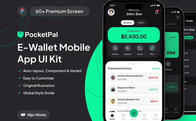 60多个优雅而高效的绿黑电子钱包APP UI界面素材包