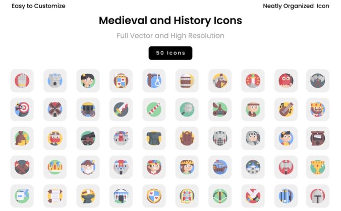 50个中世纪和历史主题图标素材包