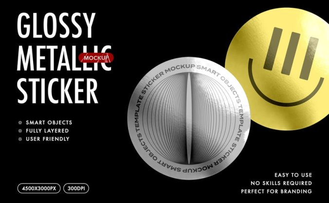 漂亮的圆形亮面金属贴纸PSD样机素材包