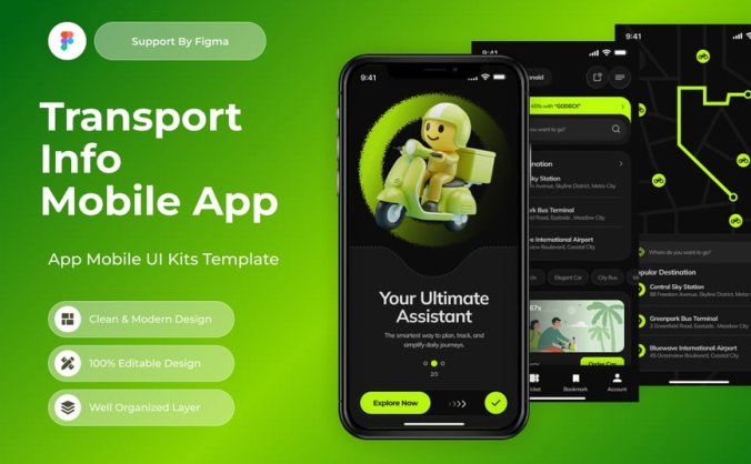 一套黑色暗黑风格交通信息移动APP UI界面素材包