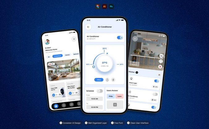 一套蓝色智能家居主题移动APP UI界面素材包