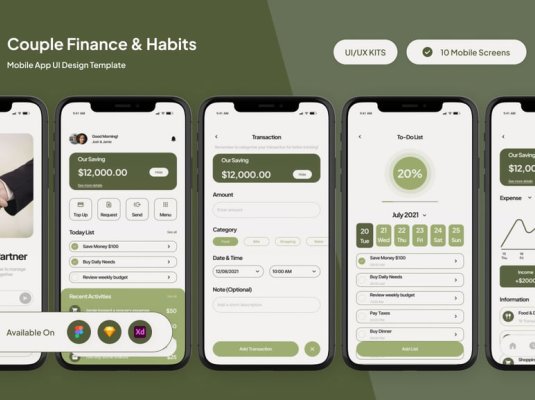 一套绿色情侣理财应用APP UI界面素材包