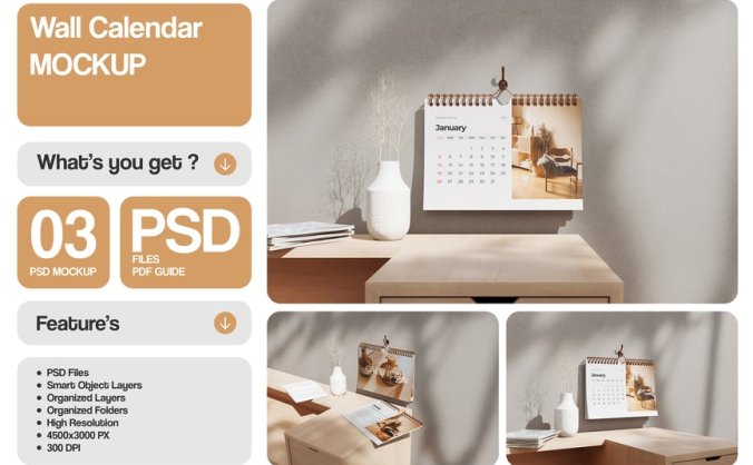 三个漂亮的挂历机样PSD模板素材包