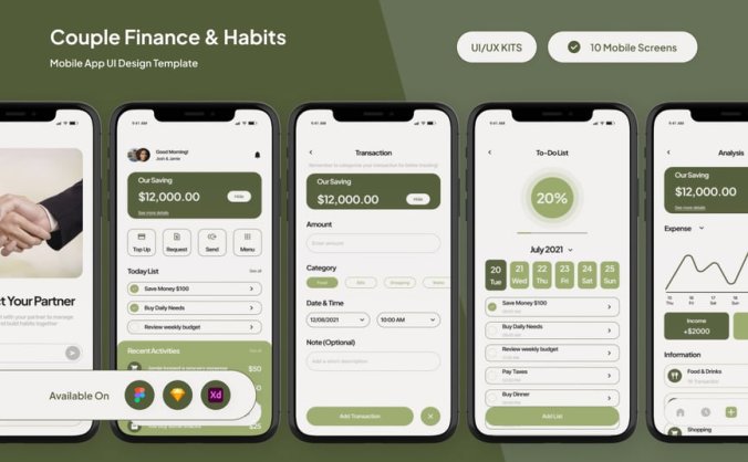 一套绿色情侣理财应用APP UI界面素材包