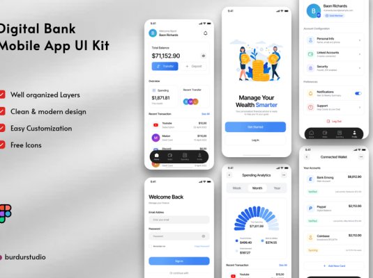 6个漂亮的蓝色手机端应用数字银行APP UI界面素材包