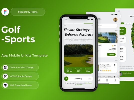 绿色高尔夫球运动主题APP UI界面素材包(Figma)