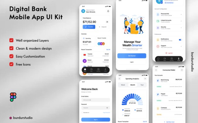 6个漂亮的蓝色手机端应用数字银行APP UI界面素材包