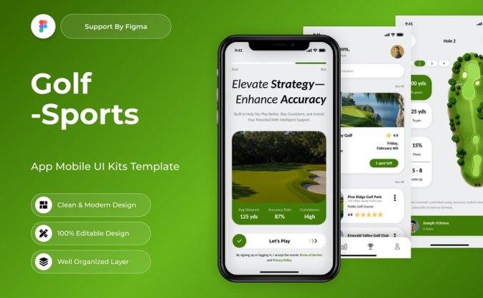 绿色高尔夫球运动主题APP UI界面素材包（Figma）