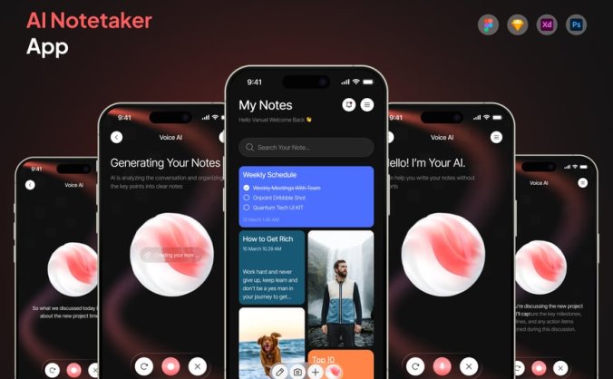5个漂亮的黑色AI笔记应用APP UI界面素材包