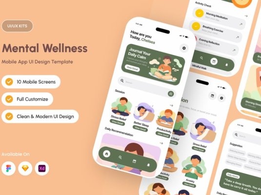 画风温暖情感化插画设计心理健康主题移动APP UI界面素材包