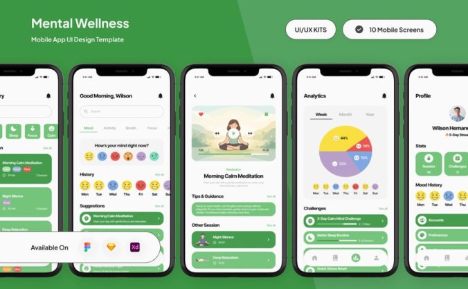 绿色情感化设计健康主题APP UI界面素材包