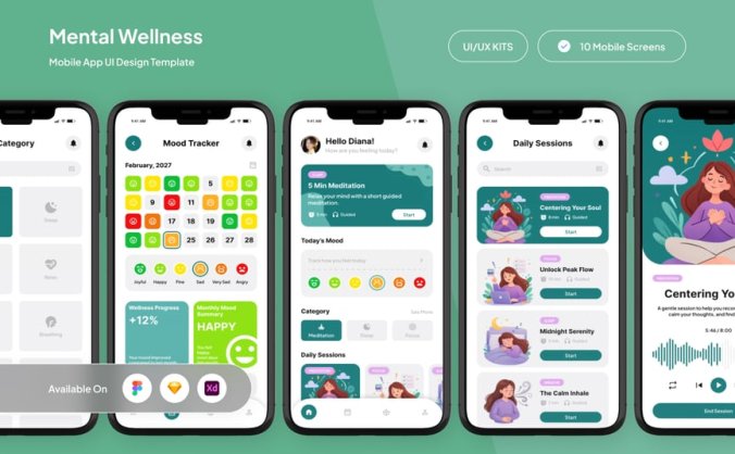 一套平静健康应用APP UI界面素材包