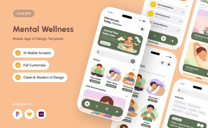 画风温暖情感化插画设计心理健康主题移动APP UI界面素材包